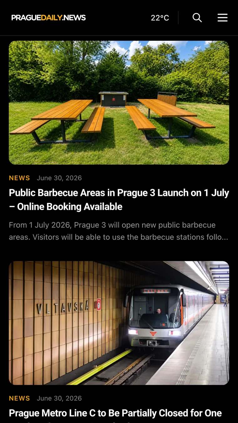 Prague Daily News app screen on a phone